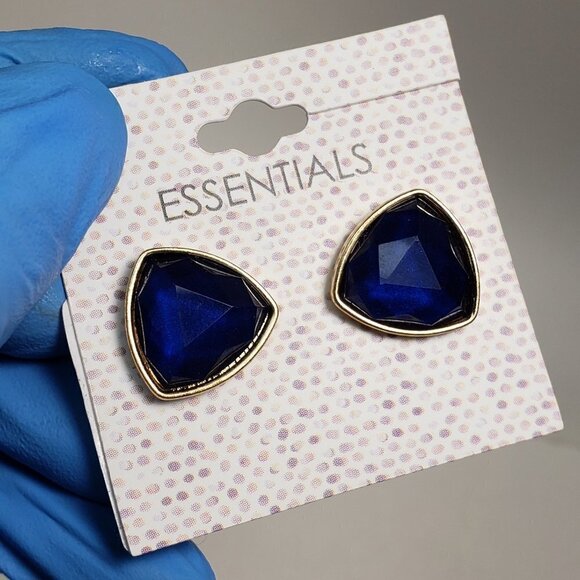 Blue Faceted Triangle Stud Earrings – Gold Triangle Trim – Geometric Jewelry - Picture 13 of 13